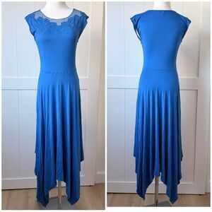 Boho Whimsigoth Embroidered Cutwork Maxi Dress Sz S Hanky Hem Lagenlook Blue